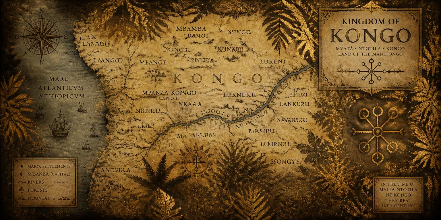 Antique map of the Kingdom of Kongo with the Congo River and M'banza-Kongo